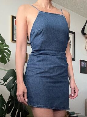 100% Cotton Denim Dress with Spaghetti Straps - Dark Blue